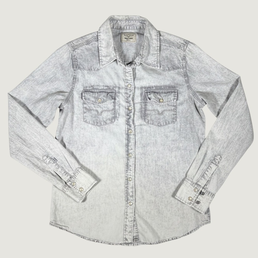 Kimes Ranch Womens Medium Western Pearl Snap Tencel Shirt Light Gray Acid Wash